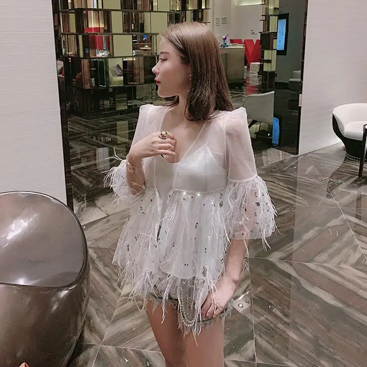

Summer Women blouse Feather cardigan Lady shirt