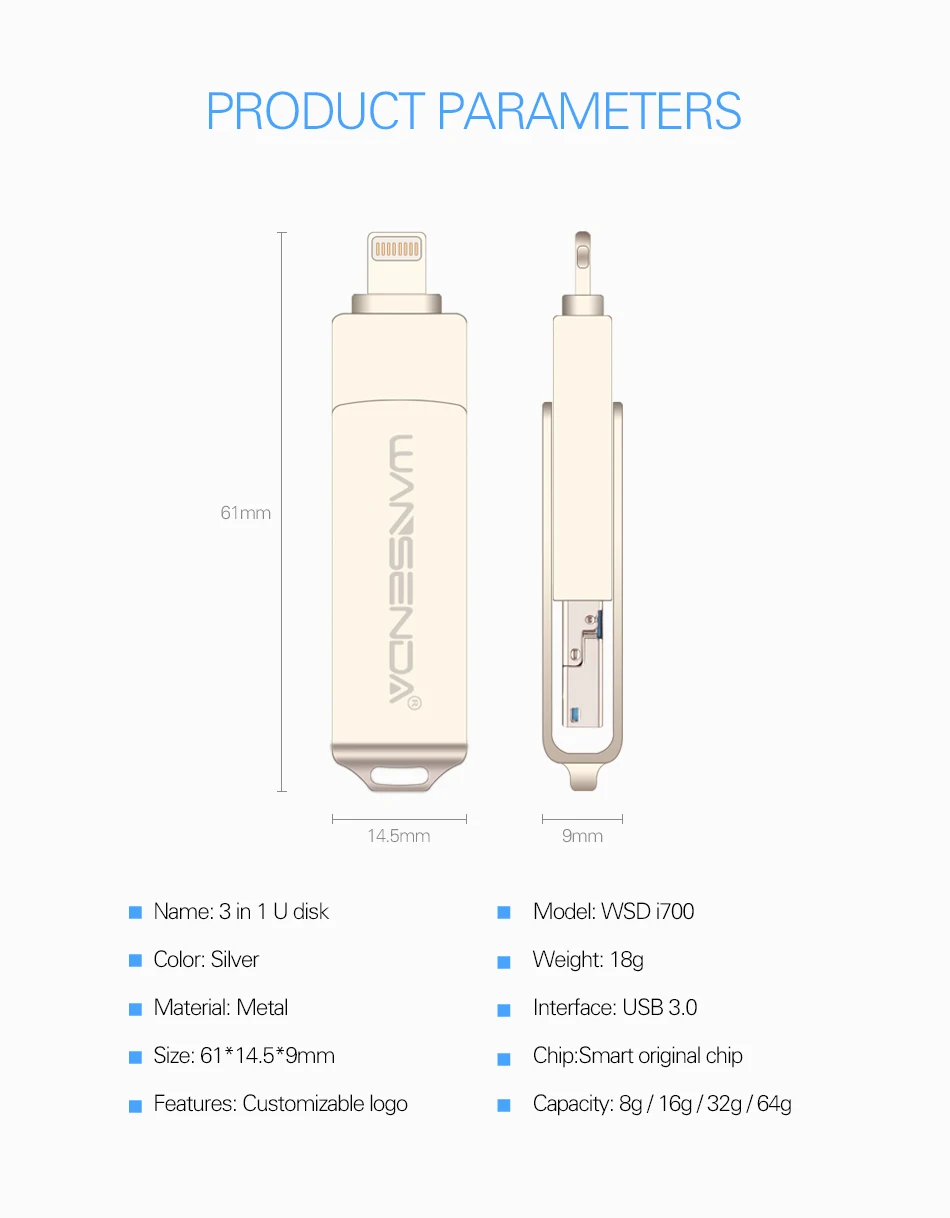 WANSENDA 3 в 1 OTG USB флэш-накопитель для Android/iOS/PC USB 3,0 Флешка 8 ГБ 16 ГБ 32 ГБ 64 Гб карта памяти, Флеш накопитель