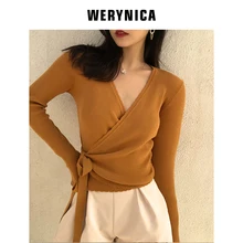 Werynica весенний свитер кардиган женский длинный рукав вязаный модный свитер с v-образным вырезом повседневные Однотонные кардиганы с поясом свитера