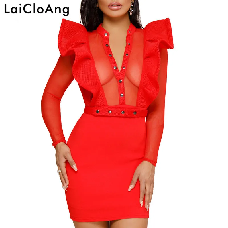 

LaiCloAng Mesh Transparent Ruffles Sexy Dress Women Single-breasted Sashes Mini Summer Women Dress Club Party Dress Vestidios