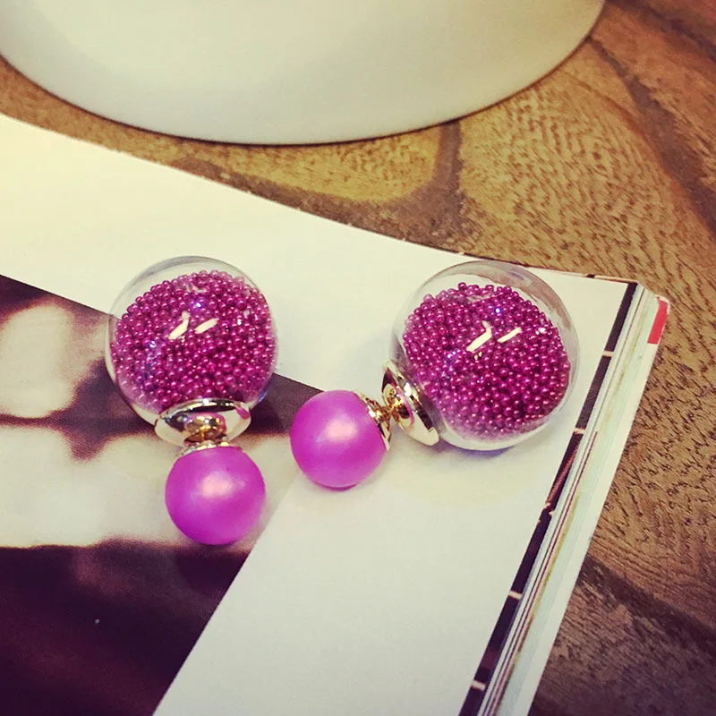 Модные очаровательные серьги-гвоздики из толстого стекла с двумя шариками для женщин и девушек, подарочные серьги для женщин для свадебной вечеринки - Окраска металла: Purple