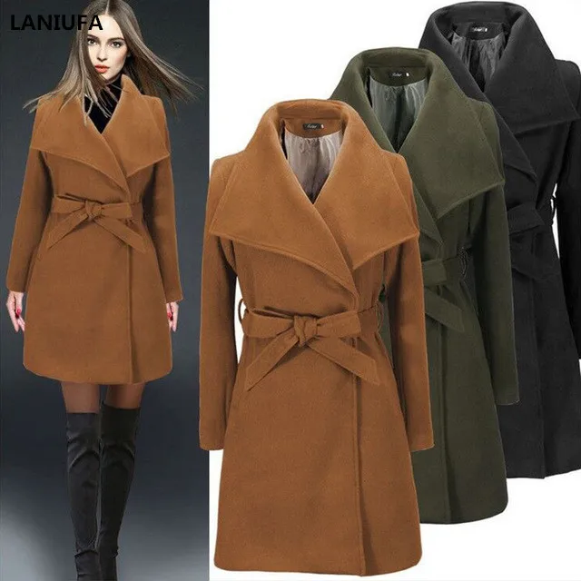 

Long Winter Coat Women new Fashion Casual Vintage Belt Solid Jackets Blazers Elegant Office Ladies Coat Casaco Women Wool Blends