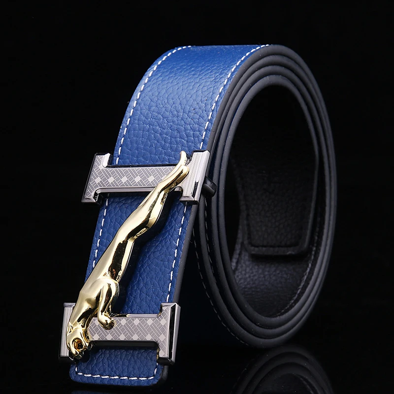 

H Jaguar Designers Luxury Cowhide Brand 100% Genuine Leather Pin Buckle Belts for Mens High Quality Cowskin Ceinture Homme Blue