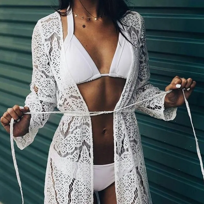 

Woman Long Cover Ups Women Lace Bikini Bathrobe Beachwear Hollow Out Dresses Of The Big Sizes Beach Tunic Beach Cape