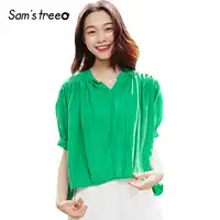 Samstree Summer Casual Loose Female Blouses V-Neck Drop-shoulder Women Tops Stand Collar Ladies Pullover