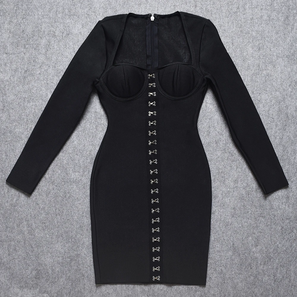 Черное с длинным рукавом Новое модное сексуальное женское до колена облегающее Бандажное платье