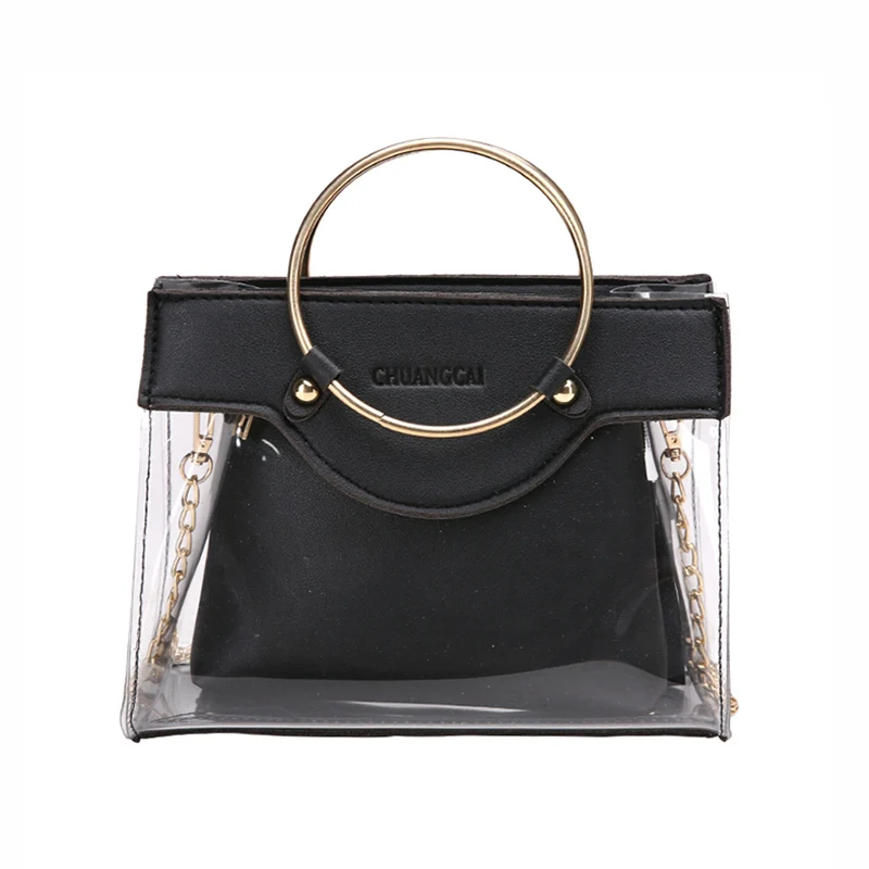 

Women Transparent Handbag Letter Ring Handle Chains Composite Bag Shoulder Bags Rivet Clear Bolsa Feminina Sac A Main SS7173