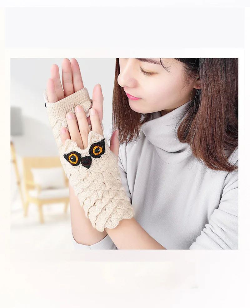 Gloves Female Winter Warm Knit Half Finger Wool Thickening Jacquard Korean Version Of The Finger Owl Cartoon Writing