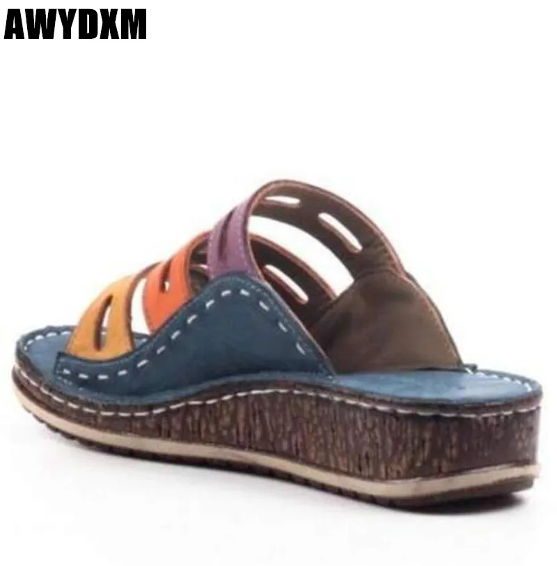 

Chic Summer Women Lady Fashion Three color stitching color Casual Low Wedge Heel Beach Open toe Sandals Slippers Shoes S067