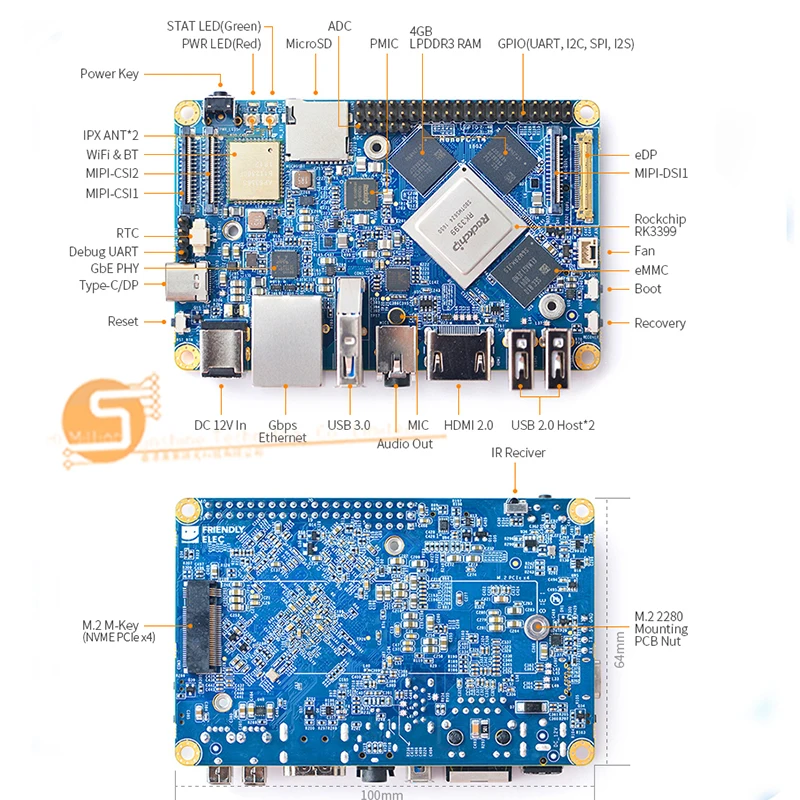 NanoPC-T4 Минимальный Rockchip RK3399 Soc 4 Гб ОЗУ, 16 ГБ eMMC, двухдиапазонный wifi Полный стандарт M.2 PCIe NVME SSD