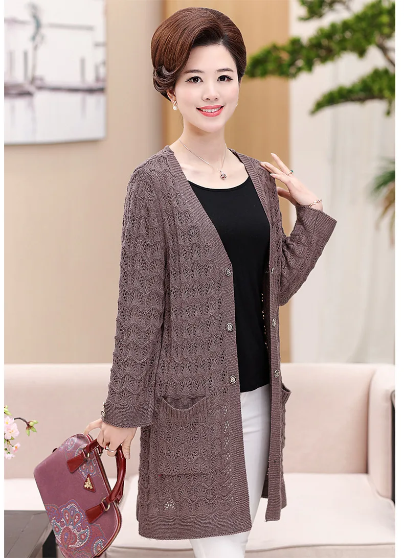 2017 New Brand Plus Size Middle Aged Women Knitting Cardigan Fashion Hollow Long Cardigan Sweater High Quality Women W223
