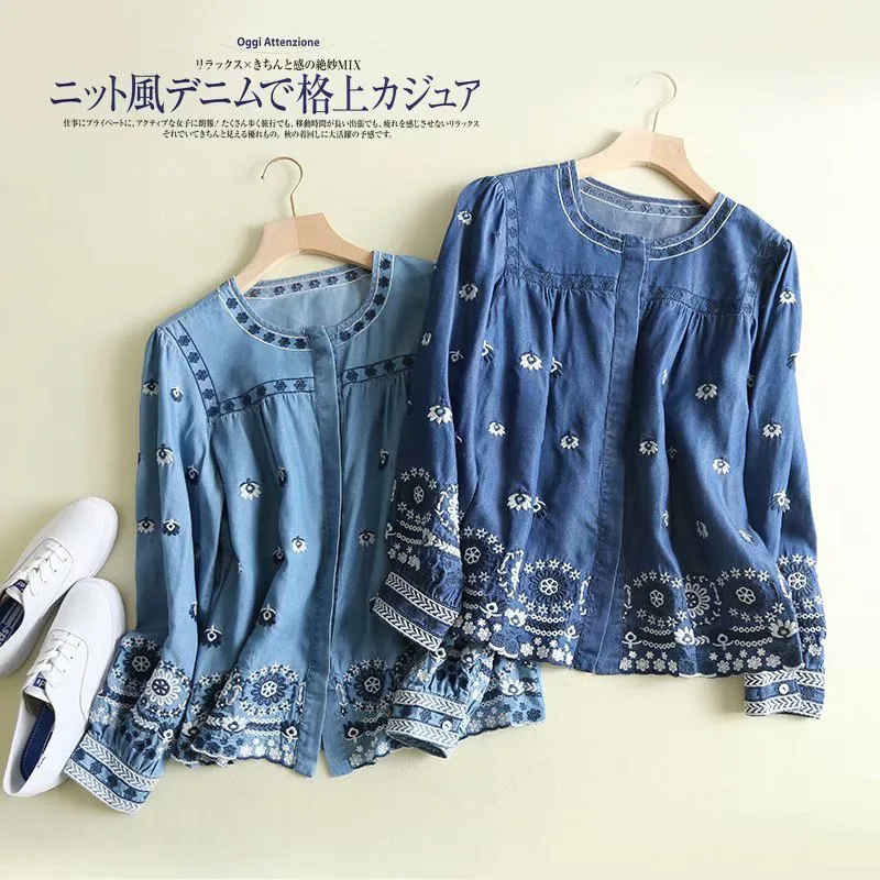 

2019 New Arrival Women Fashion Spring Autumn Long Sleeve Embroidery Button Down Loose Tencel Blue Denim Blouse Shirt Ladies Top