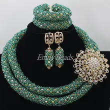 Fantastic Traditional Wedding Nigerian Beads Jewelry Set Teal Green/Gold Fashion African Bride Gifts Free Shipping AIJ400