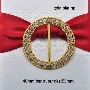 

(S0360)10pcs/lot, 40mm bar,Round metal Rhinestone Ribbon Buckle in gold for wedding,chair sash buckle,outer size:55mm