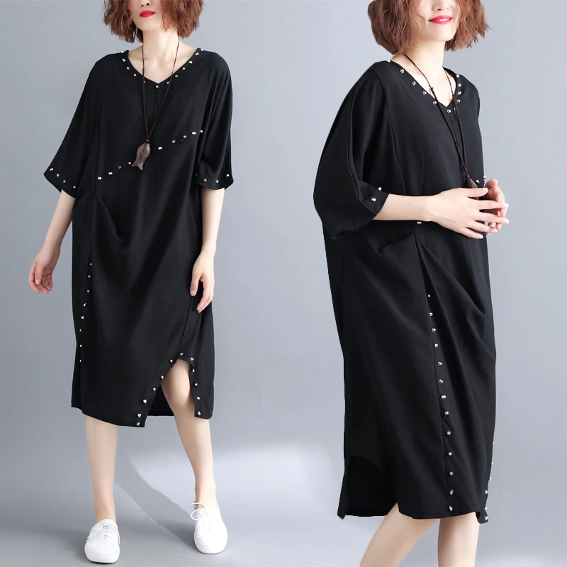 

Plus Size Women Dress Summer Sundress Fashion Female Lady Vestidos Vintage Rivet Spliced Black Loose Casual Beach Dress 2019