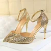 2022 Sexy Women Low 7.5cm 9.5cm High Heels Sandals Wedding Scarpins Metal Heels Sandals Strap Stiletto Bridal Glitter Gold Pumps ► Photo 2/6