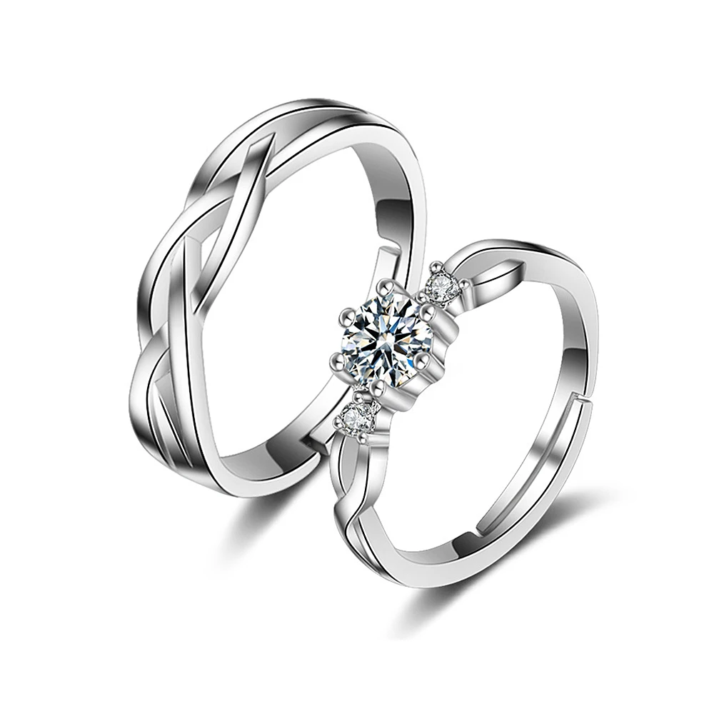 Silver Adjustable Ring Crystal Jewelry Lovers Couple Wedding Rings