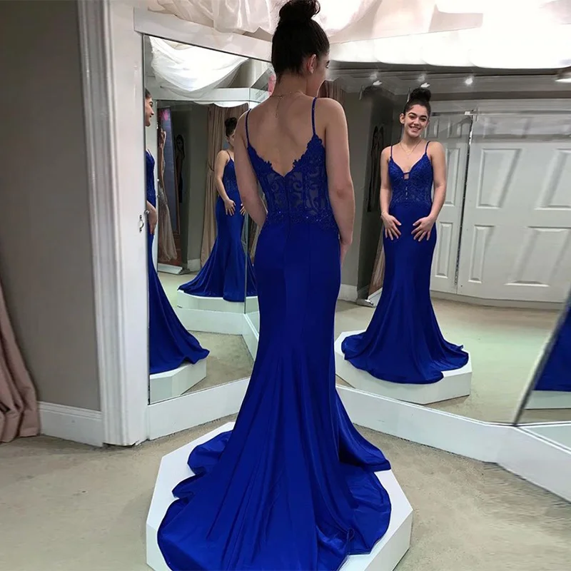 

Royal Blue V-neck Evening Dresses Mermaid Style Backless 2019 New Women Formal Evening Dress Sweep Train Special Occasion Gowns