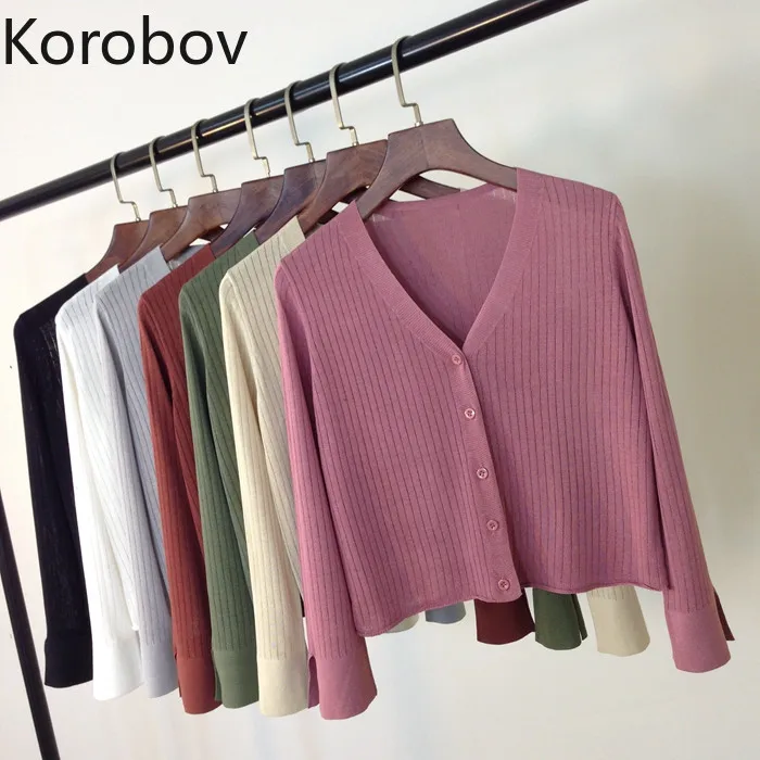 

Korobov Summer New Korean Flare Long Sleeve Cardigans Short Knitted Single Breasted Sueter Mujer Crop Sweaters Jumper 78444