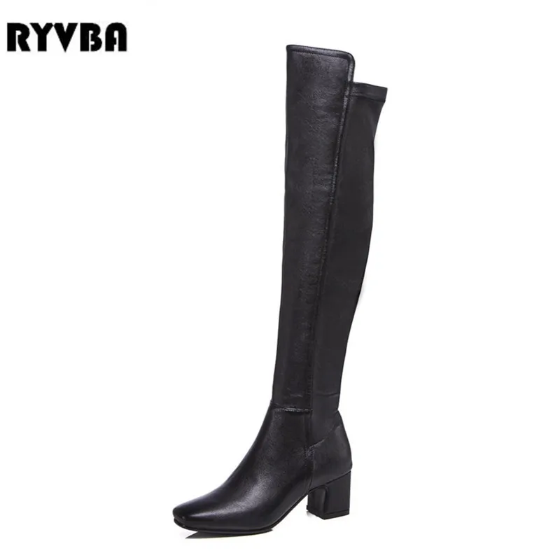 

RYVBA 2018 autumn winter women genuine leather thigh high boots stretch over the knee boots ladies sexy square heels woman shoes