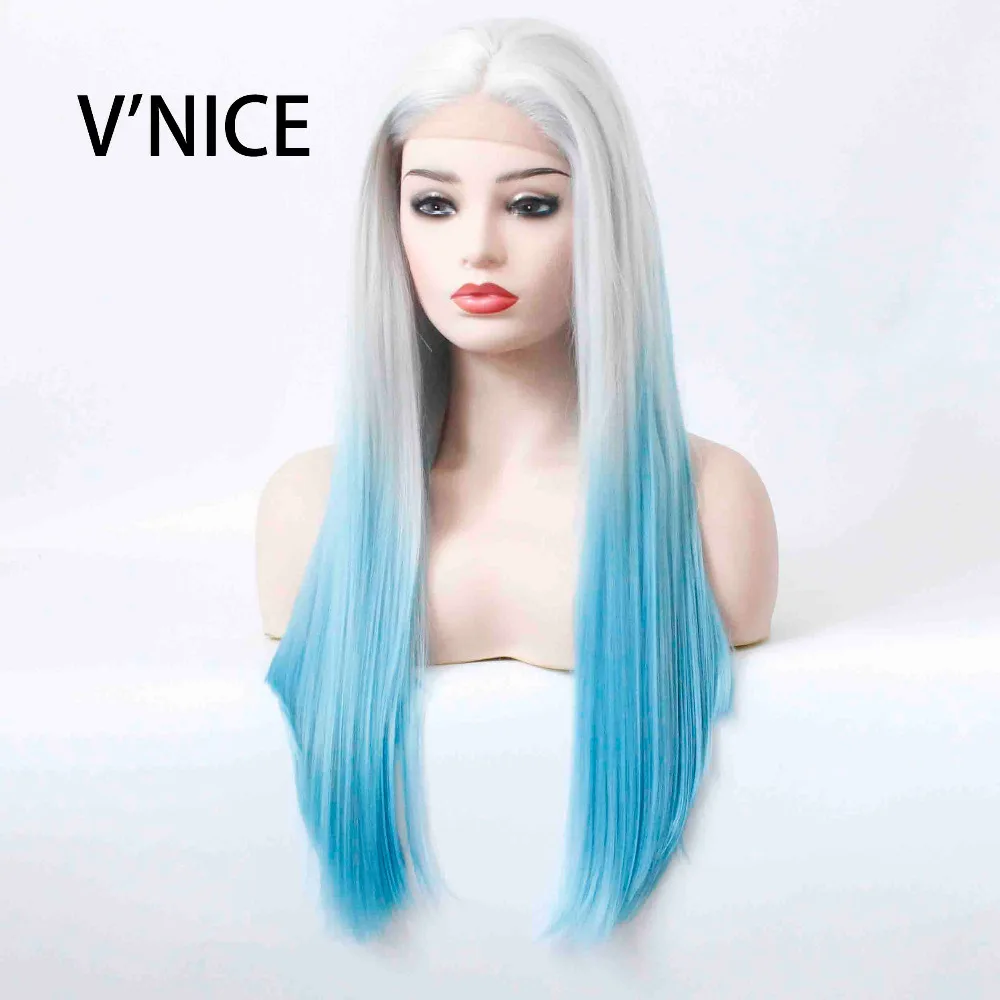 V'NICE Silver Grey Ombre Синий, прямой химическое Синтетические волосы на кружеве парик с 3 дюйм(ов) прощание пространство жаропрочных волокна