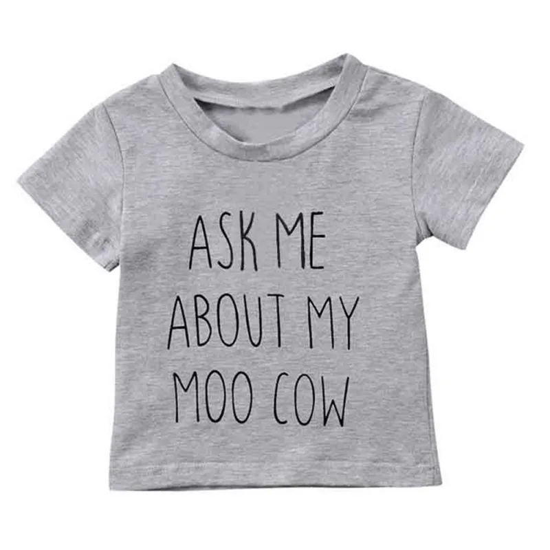 Забавная футболка для мальчиков новые рубашки с надписью Ask me Moo Cow детские топы