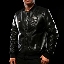 Новинка года Мужские кожаные куртки короткие мягкие из натуральной овчины череп мотоциклетная байкерская куртка jaqueta de couro masculina