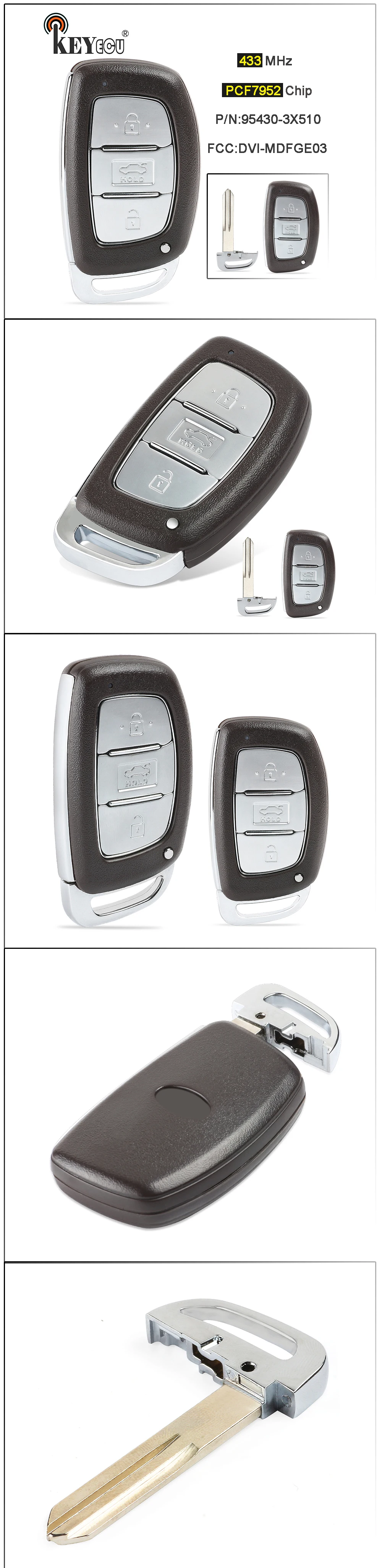 Keyforkess 433MHz PCF7952 Chip P/N: muslimffcc ID: DVI-MDFGE03 3 pulsanti Smart Remote Car Key Fob per Hyundai Elantra 2014-2017 -