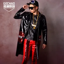 Black Черное длинное пальто из лакированной кожи с блестками для мужчин, парикмахерское вечернее платье, бар певица DJ DS Сценические костюмы для выступления