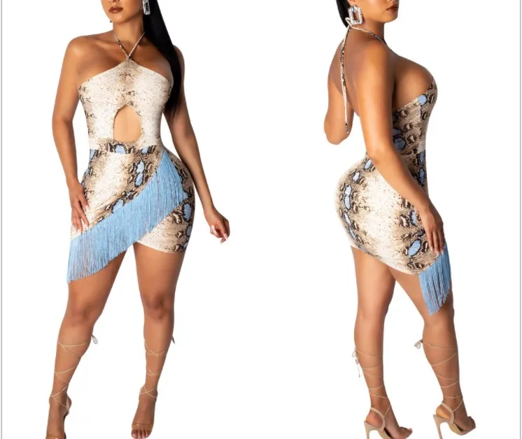 

2019 Summer Women's Dress Sling Openwork Dress Fringe Dress