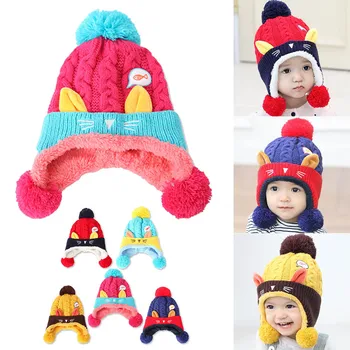 

Baby Kid Winter Knitted Cartoon Cat Earmuffs Beanie Cap Fluffy Pompom Ball Hat FJ88