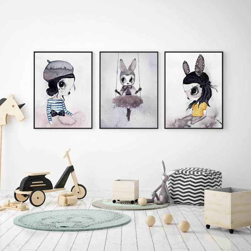 Children Cartoon Watercolor Illustration Canvas Poster Nordic Style Art Print Baby Kids Wall Pictures Nursery Modern Wall Decor