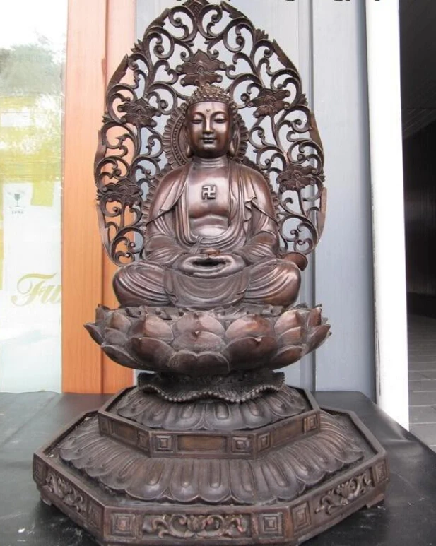 

USPS to USA S2658 Chinese Buddha Copper Bronze lotus flower padma Tathagata Amitabha Buddha Statue (B0328)