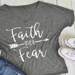 Доставка-Бесплатная плюс 4 c Размеры Для женщин футболка короткий рукав Faith более страх стрелка печати Топы Повседневная футболка женская