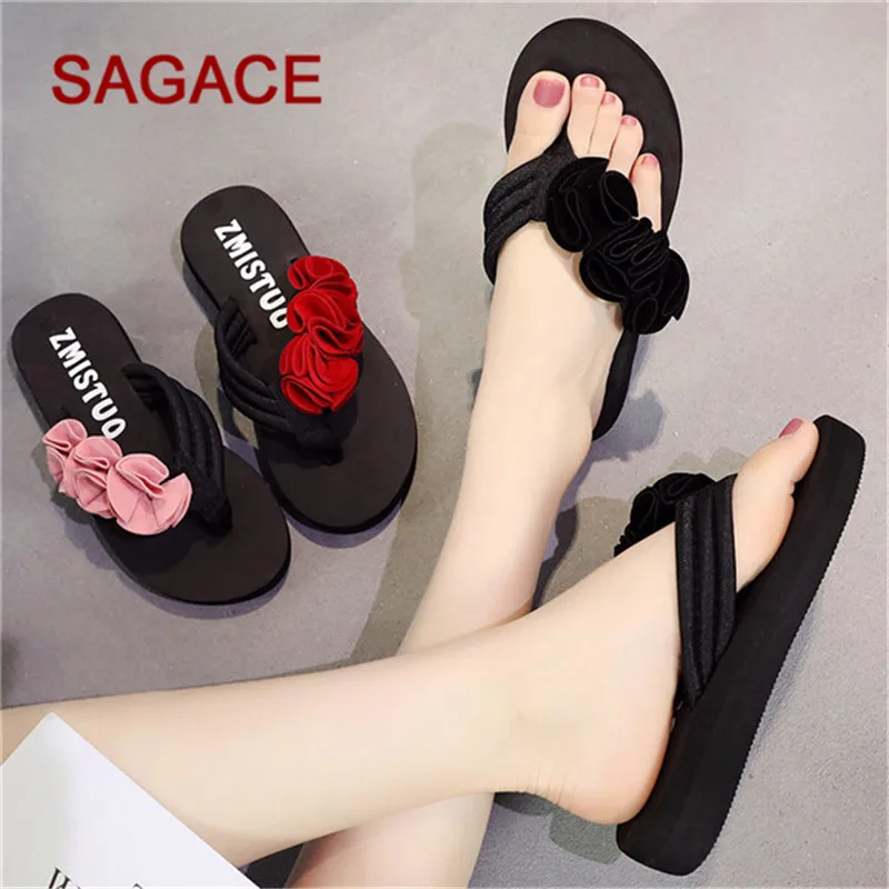 

HB@SAGACE Ladies Slippers Summer Fashion Women's Flower Clip Toe Flip Flops Non-Slip Wedges Beach Slippers Zapatos De Mujer