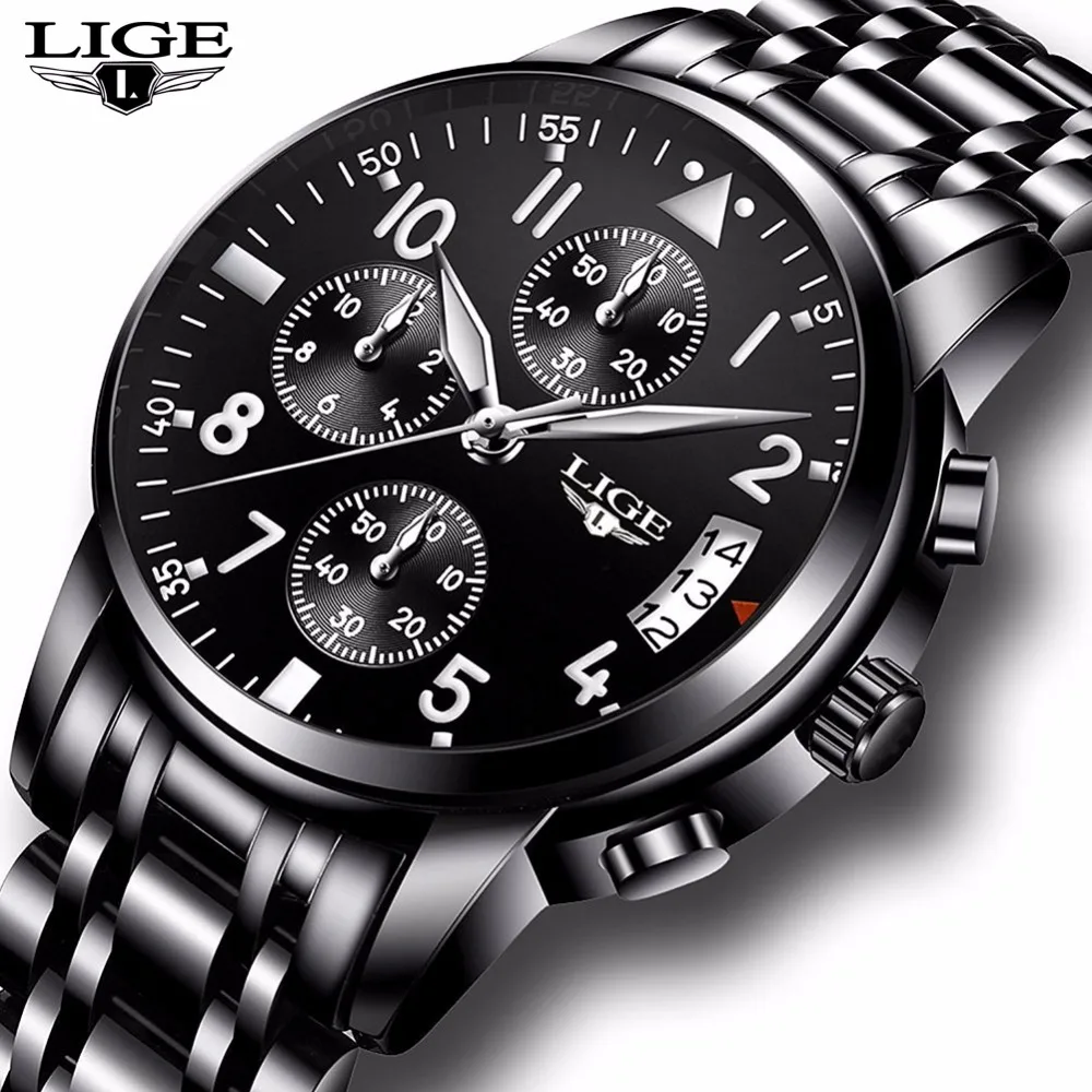 

Relogio Masculino LIGE Mens Watches Top Brand Luxury Fashion Business Quartz Watch Men Sport Full Steel Waterproof Black Clock