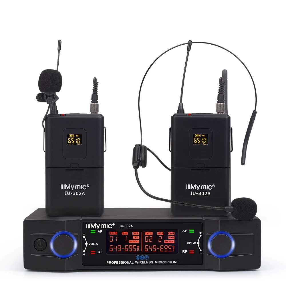 Fone de Ouvido Microfone sem Fio Bodypack + 2 Lapela + 2 Frequência Ultraelevada Profissional Mhz Canal Duplo Única 2 Sistema Mic Iu-302a 600-700