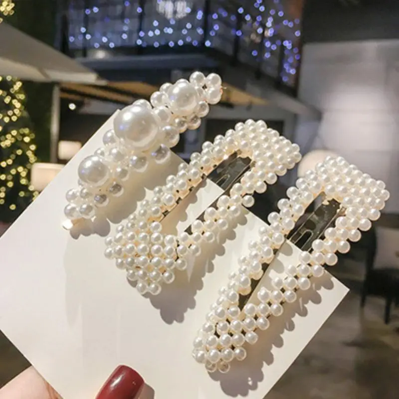 

3Pcs Korean Style Girls Metal Alloy Geometric BB Hair Clips Luxury Multi Rows Irregular Faux Pearls Hairpins Snap Barrette