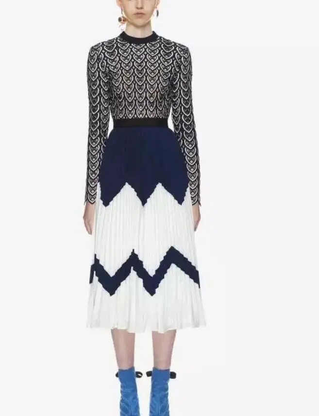 

High quality 2018 Autumn New Arrival Stand Collar Western Style Long Sleeve Color Block Woman Long Chiffon Pleated Dress