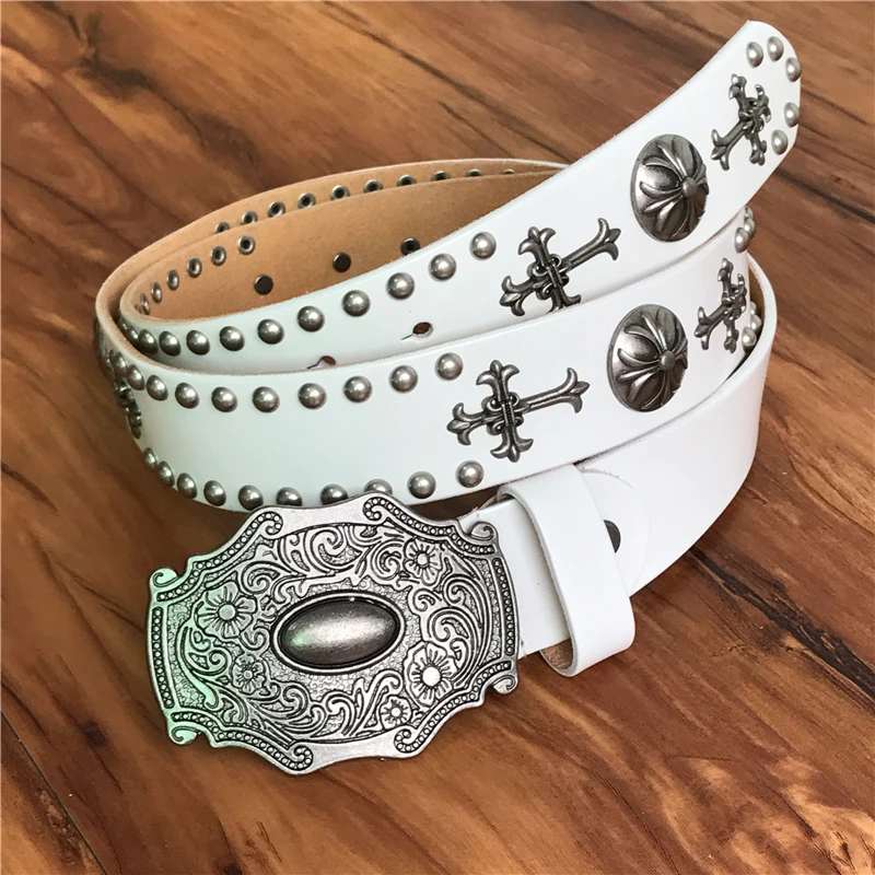 Genuine Leather Cowboy Belt Buckle Vintage Metal Rivet Punk White Belts For Men Cross Rock Jeans