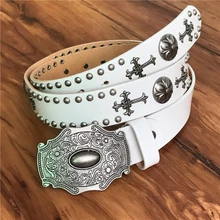 Genuine Leather Cowboy Belt Buckle Vintage Metal Rivet Punk White Belts For Men Cross Rock Jeans
