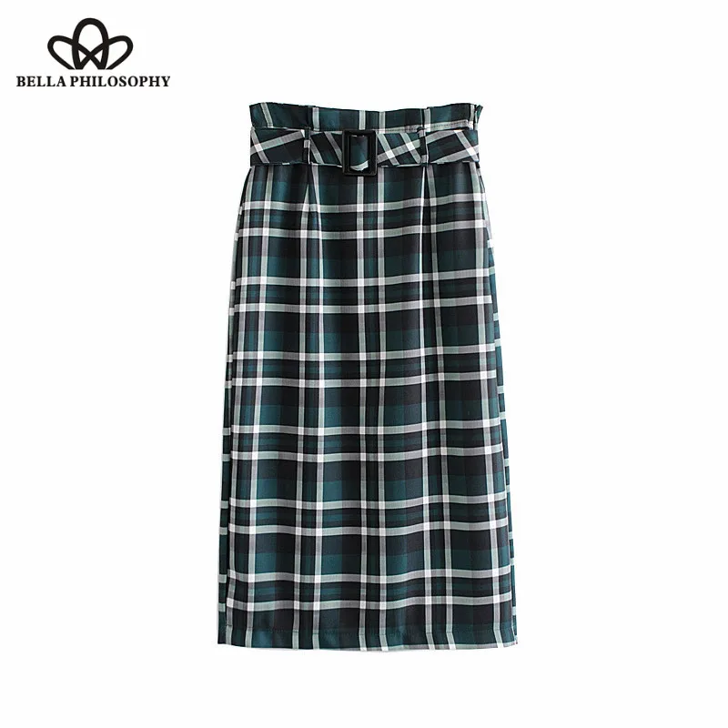 Wonder 2018 new Vintage Stylish With Sashes Plaid Midi Skirt Side Zipper Back Slit Streetwear Lady Skirts Casual Faldas Mujer