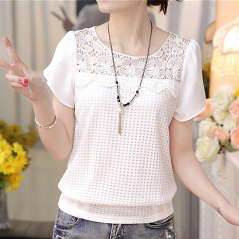 New Women Lace White Blouse Shirt Hollow Out Floral Print