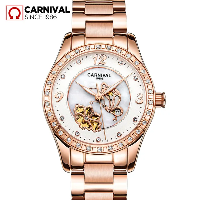 Carnival Mechanical Watch Women Ceramic Clock Butterfly Design Women's Watches Top Brand Luxury Women Sapphire Crystal Female - Цвет: White