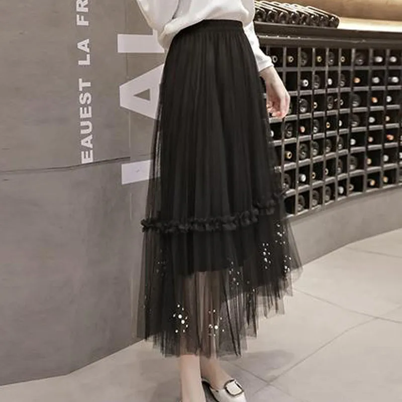 lace and beads tulle midi skirt