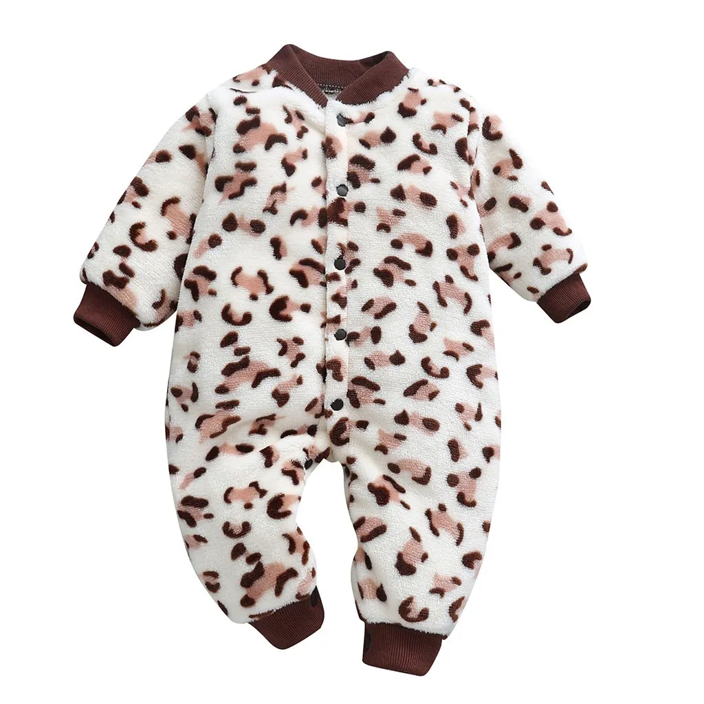 Leopard Print Baby Rompers Winter Warm Fleece Clothing Set for Boys Cartoon Infant Girls Clothes Newborn Overalls Baby Jumpsuit - Цвет: Coffee