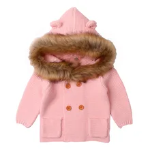 Зимние теплые новорожденных Детский свитер меховой капюшон Съемная серый детские для мальчиков и девочек Вязаный Кардиган Осенняя верхняя одежда трикотажная одежда для детей 0-24 м