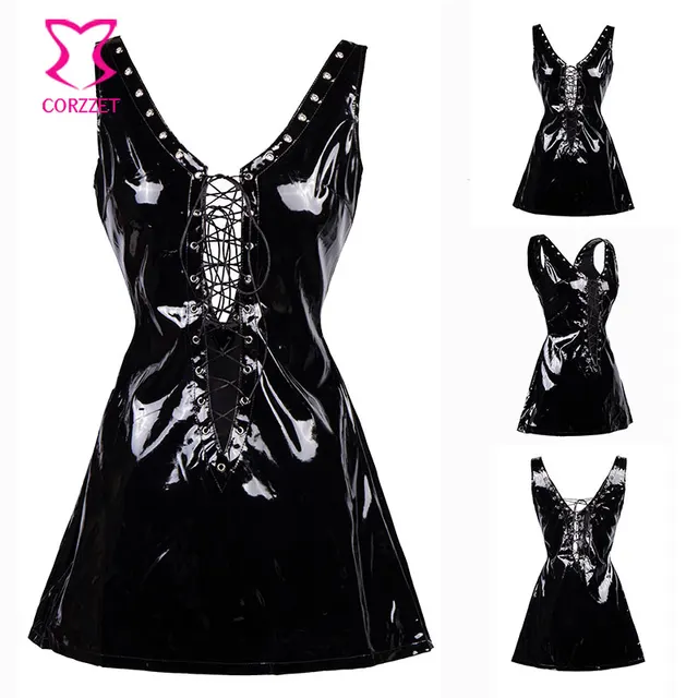 Corzzet Black&Red PVC Leather Bangdage Mini Dress PVC Dress Club Night ...