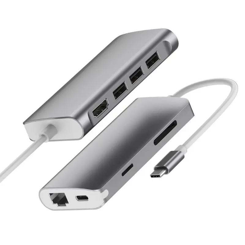  8 In 1 Multifunctional Aluminum Alloy Docking Station Type C to HDMI+3 Ports USB 3.0 SD/TF Card Rea
