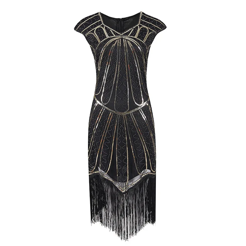 

Vintage 1920s Flapper Great Gatsby Dress V-Neck Cap Sleeve Sequin Fringe Party Midi Dress Vestidos Verano 2019 Lady Summer Dress